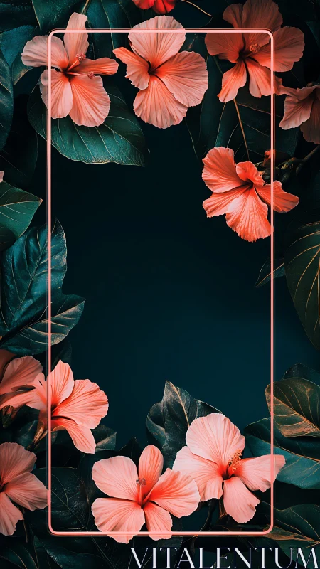 Coral Hibiscus Blooms in Rose Quartz Frame Border Arrangement