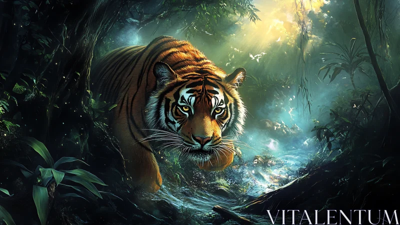 Predatory tiger advances through bioluminescent rainforest stream