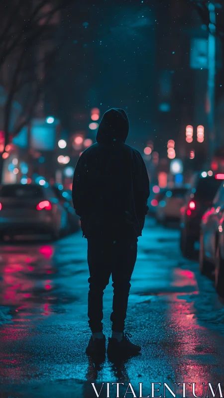 Hooded figure in neon-lit wet urban street at night, backlit