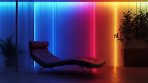 Neon lounge chair rests in a moody, color-shifted chill room