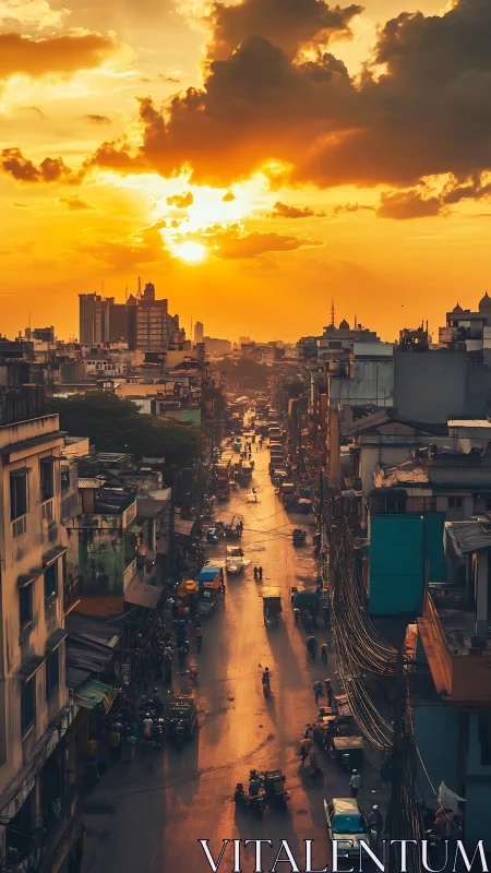Golden hour over busy city street corridor at sunset.