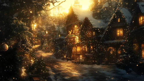 Snow covered village street glows with warm festive lights