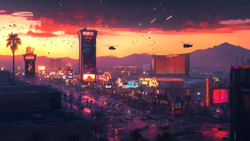 Neon-soaked futuristic boulevard under sunset sky with aerial traffic