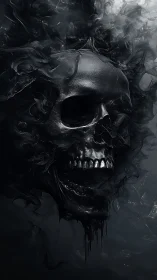 Dark metallic skull dissolves into swirling black smoke