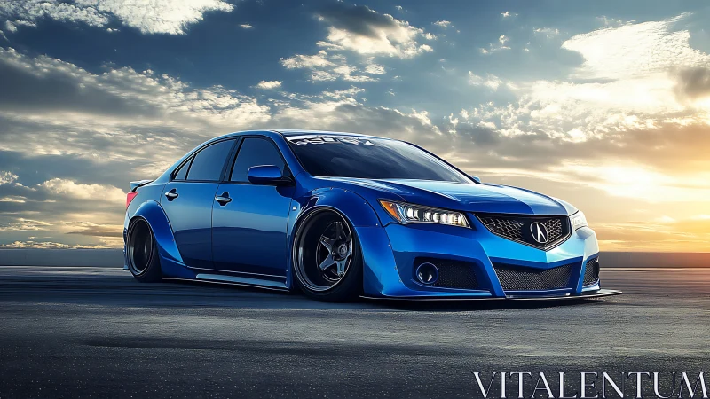 Lowered blue Acura sedan on open road at sunset.