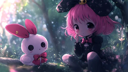 Pink haired child and plush rabbit sit in diffuse forest light