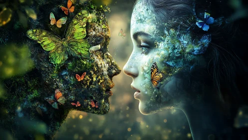 Dual female nature spirits in profile with luminous butterflies