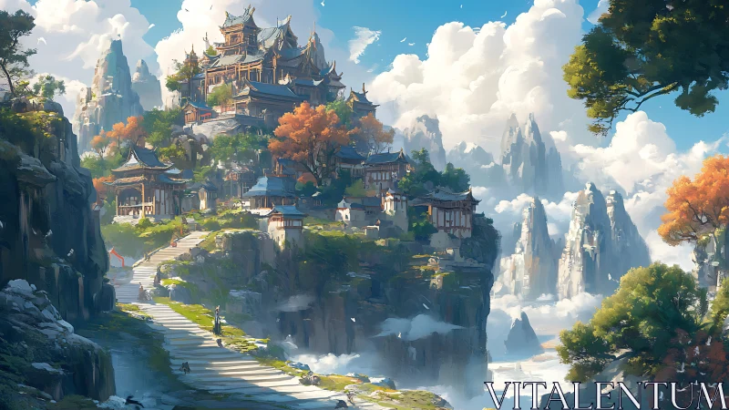 Mountain temple complex rises above cliffs and dense clouds