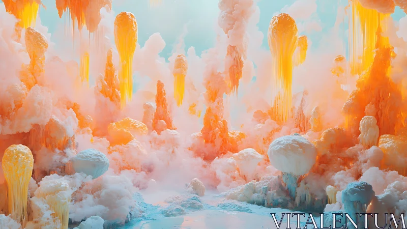 Surreal jelly cloud landscape with molten pastel towers.