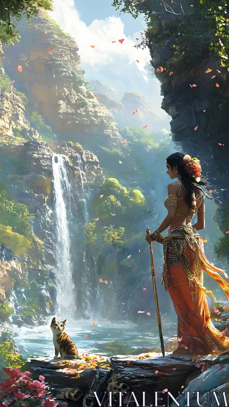 Mystical woman and cat behold a lush waterfall sanctuary.