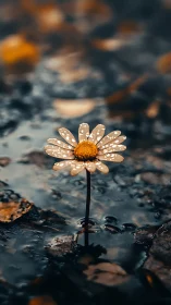 Rain-Kissed Daisy Blooms in Misty Garden.