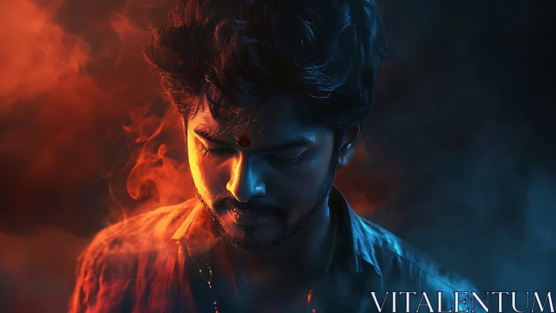 Bicolored volumetric portrait with cinematic rim lighting precision.