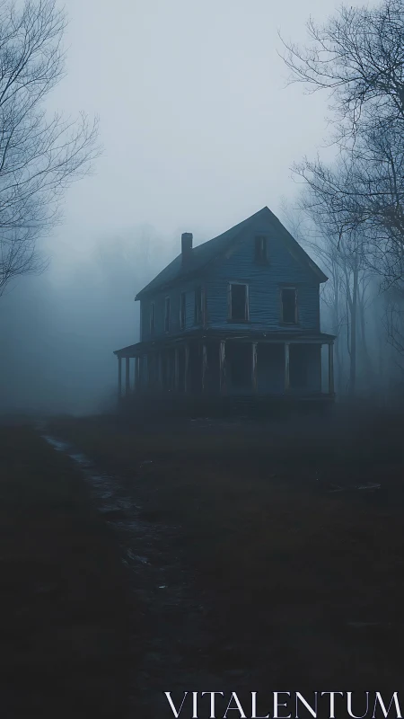Two-story derelict farmhouse in dense blue dawn foggy woodland