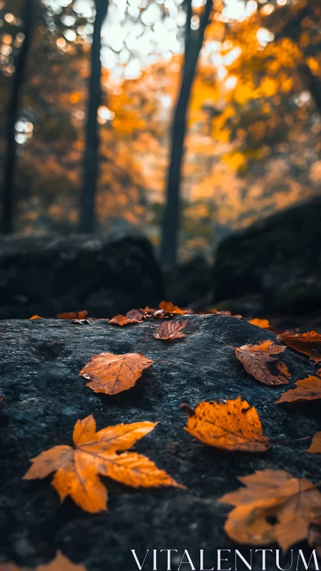 Autumn leaves resting on dusk-cool forest stone hush.