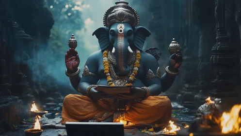 Digital render depicts seated Ganesha in dim stone temple