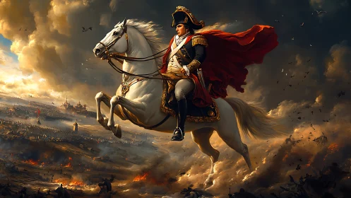 Military commander on white horse leads charge through battlefield