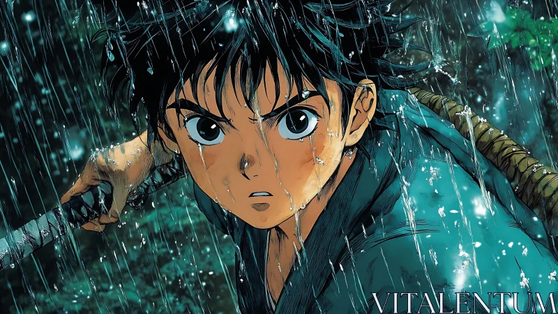 Rain-drenched young swordsman poised under stormy deluge.
