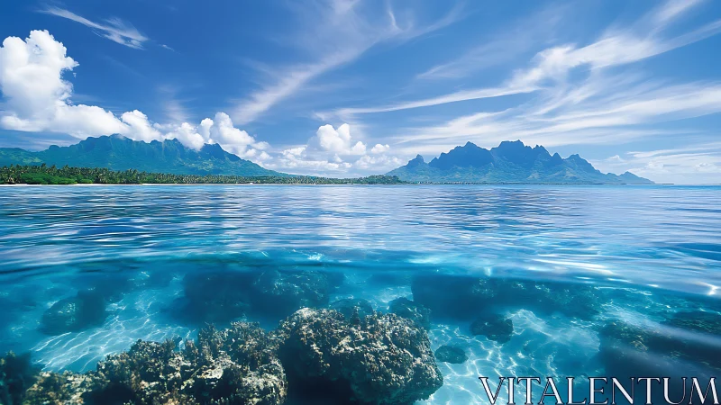 Crystal lagoon meets distant volcanic mountains under calm skies