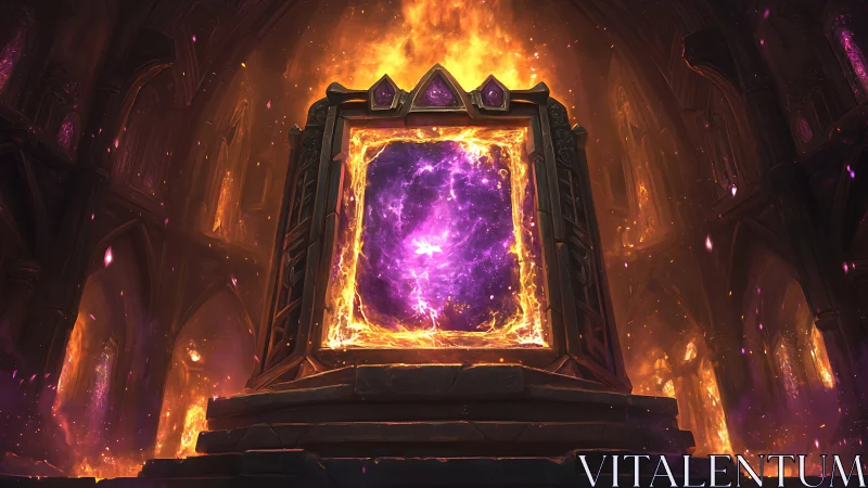 Arcane portal monolith ignites within burning gothic hall.