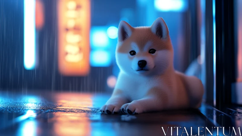Shiba inu puppy on wet neon street at night in rain.