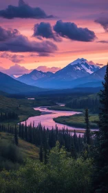 Lavender skies drift above a peaceful river and snowy peaks
