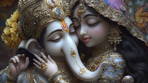 Digital sculpture depicting Hindu deities Ganesha and companion figure with ornamental dress