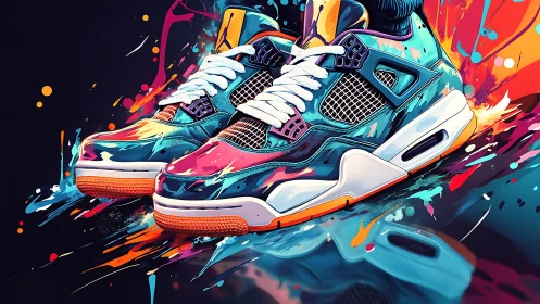 Colorful sneakers with abstract paint splatter illustration.