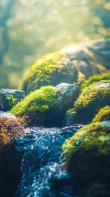 Mossy creek cascade with sunlit bokeh and shallow depth of field.
