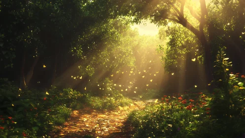 Digital painting of luminous forest path with dappled light composition.