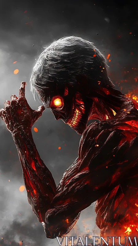 Fiery titan silhouette framed in stormy ember-lit skies.