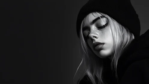 Monochrome close portrait of hooded young person in beanie.