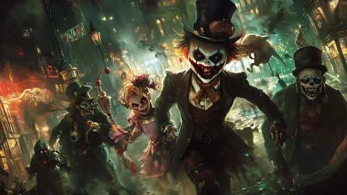 Horror clowns charge through chaotic neon lit city street