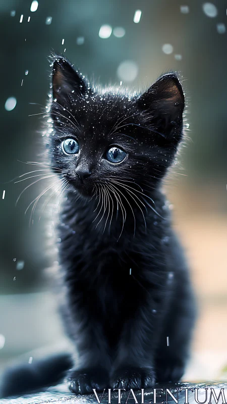 Ebony Kitten Gazes Through Crystalline Rain With Luminous Sapphire Eyes