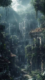 Ancient jungle city ruins under stormlit atmospheric sky.