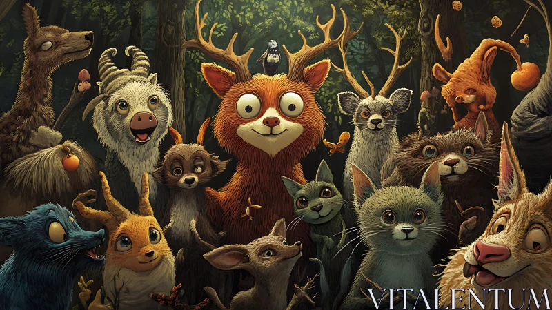 Forest critter gathering with whimsical central fox leader.