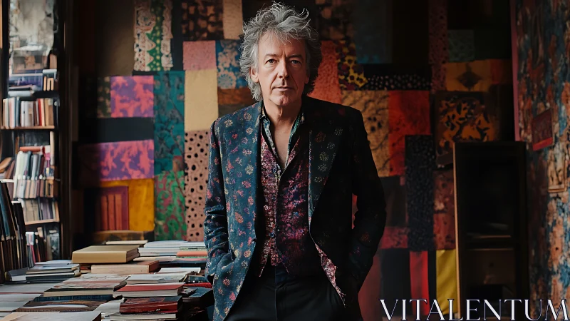 Pattern-drenched dreamer stands guard in his vibrant paper realm