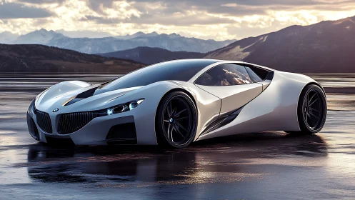 Futuristic silver BMW supercar on reflective lakeside plain.