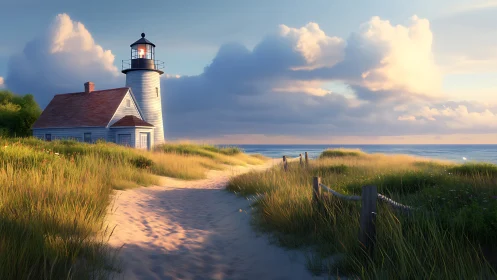 Coastal Lighthouse at Golden Hour Among Dune Grasses.
