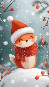 Cozy little fox sharing winter cheer in a snowy forest.