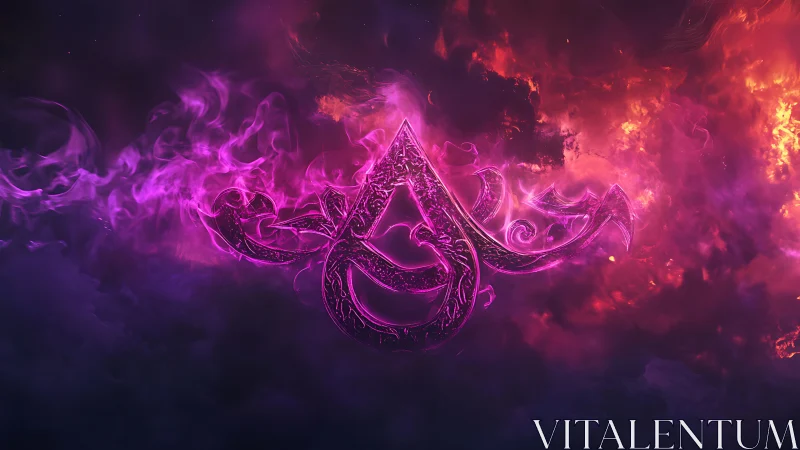 Glowing violet emblem rises through swirling cosmic fire