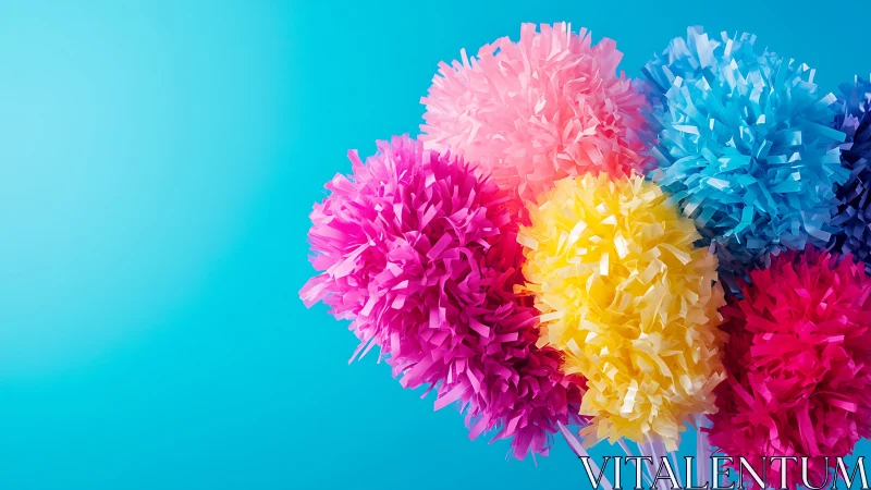 Vibrant Paper Pom-Poms Against Turquoise Gradient Background Display