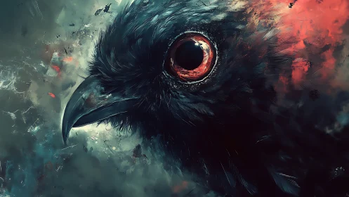 Dramatic close-up of black raven in digital abstract art style.
