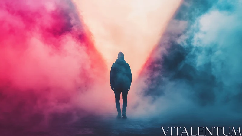 Hooded wanderer strides between neon storms of mist and light