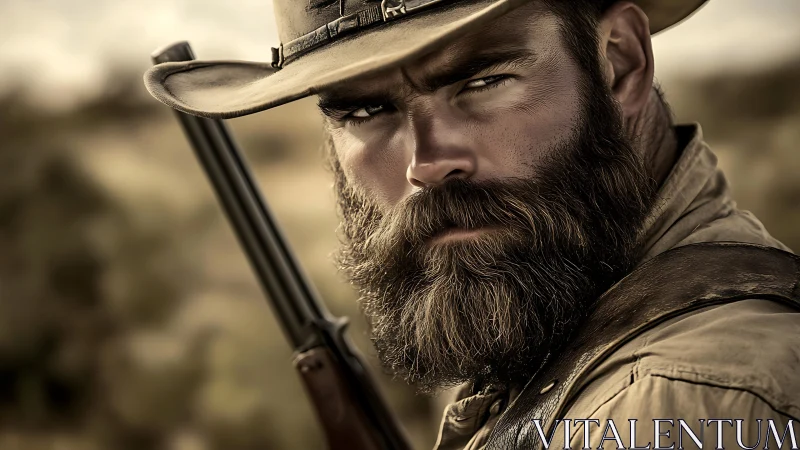 Bearded cowboy portrait with shallow depth, high microcontrast