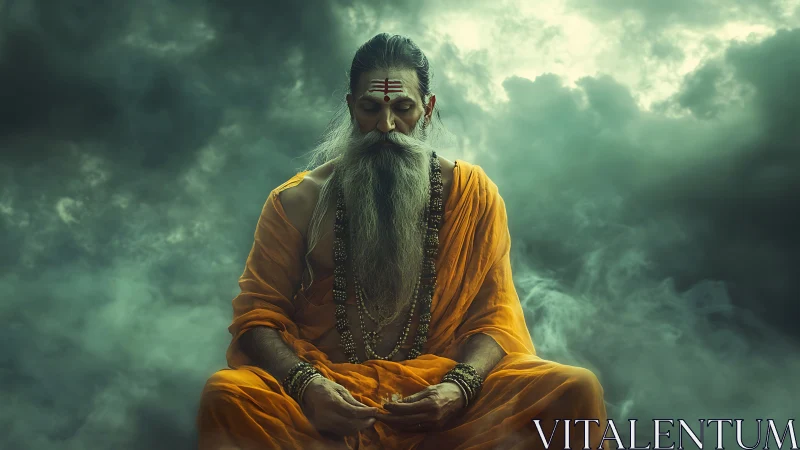 Storm-wreathed sage in saffron robes holding silent thunder.