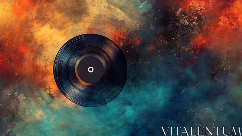Vinyl record against abstract orange and teal backdrop.
