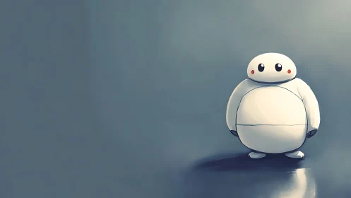 Minimalist white robot character on soft blue field.