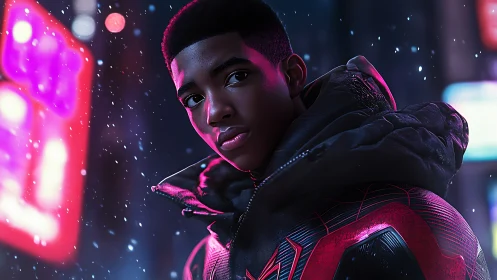 Confident young hero in neon winter city lights at night.