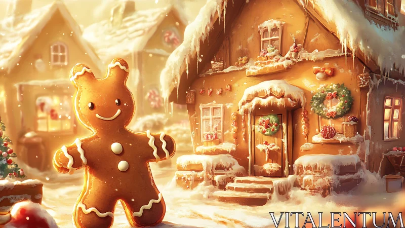 Gingerbread man smiles before glowing snowy cookie cottage.