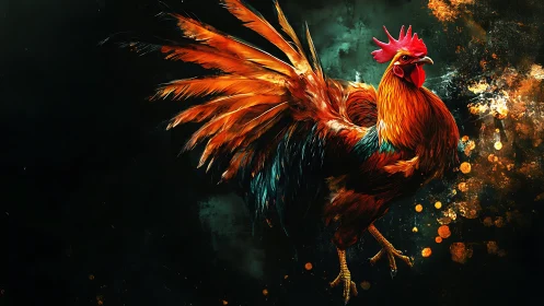 Rooster with Dynamic Wings Against Dark Emerald Background. Digital.